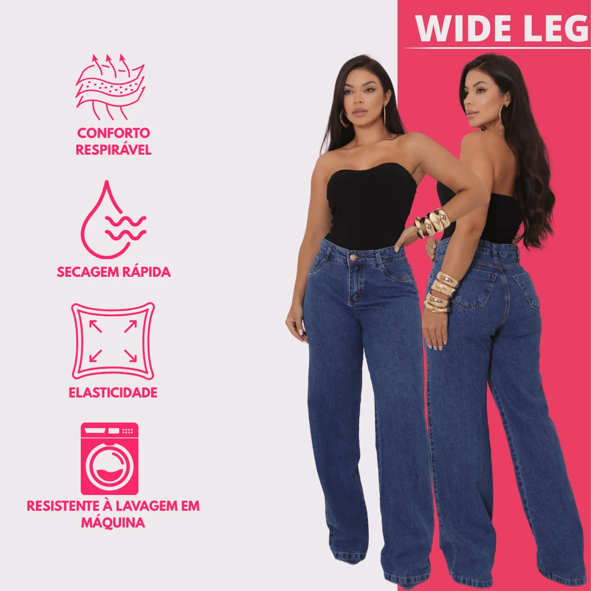 Calça Jeans Wide Leg Feminina Cintura Alta Sem Lycra Stillge