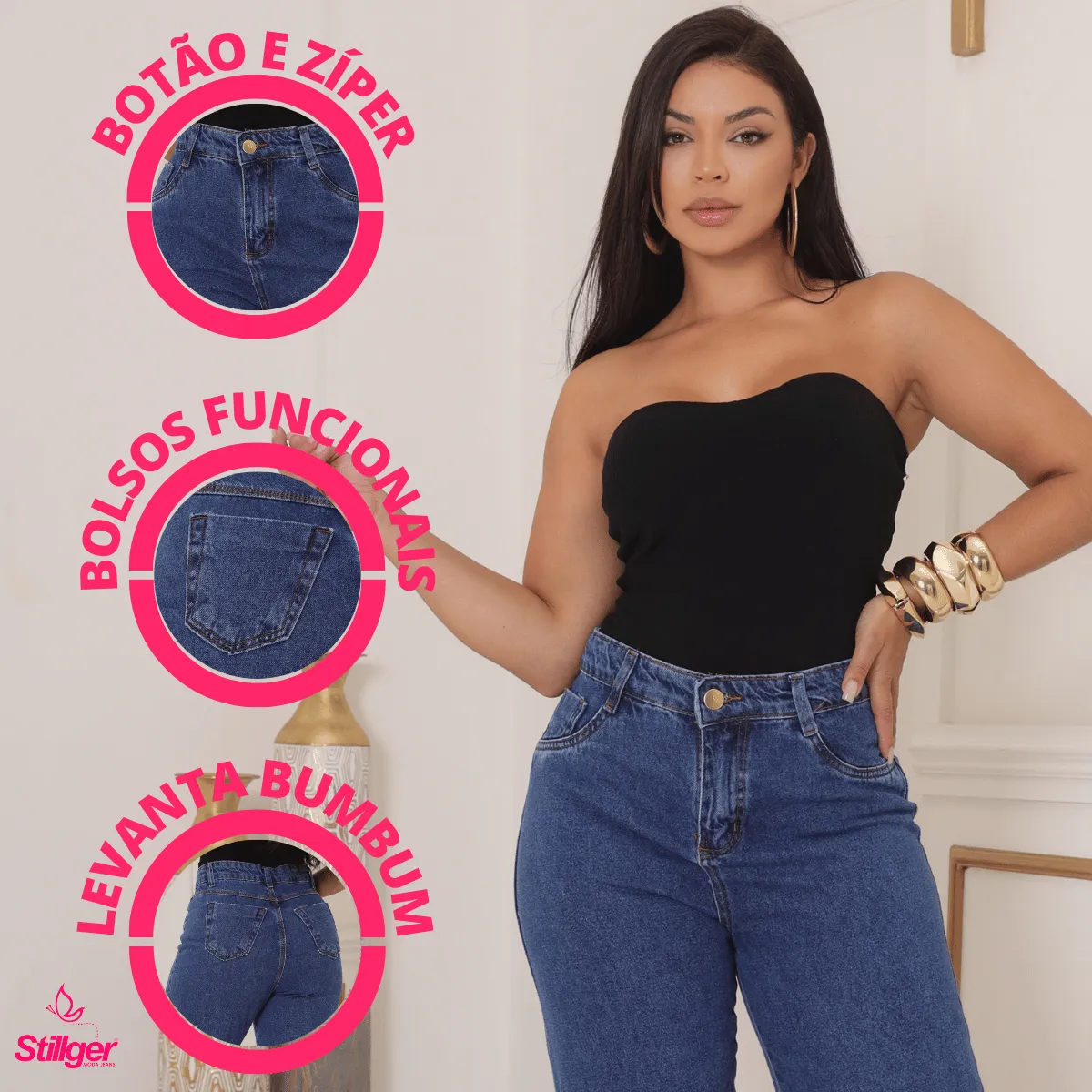 Calça Jeans Wide Leg Feminina Cintura Alta Sem Lycra Stillge