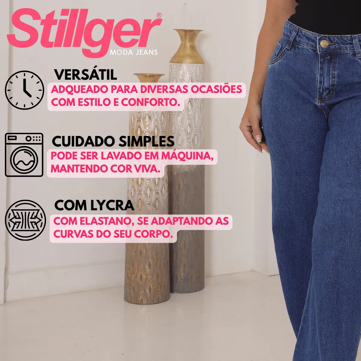 Calça Jeans Wide Leg Feminina Cintura Alta Sem Lycra Stillge