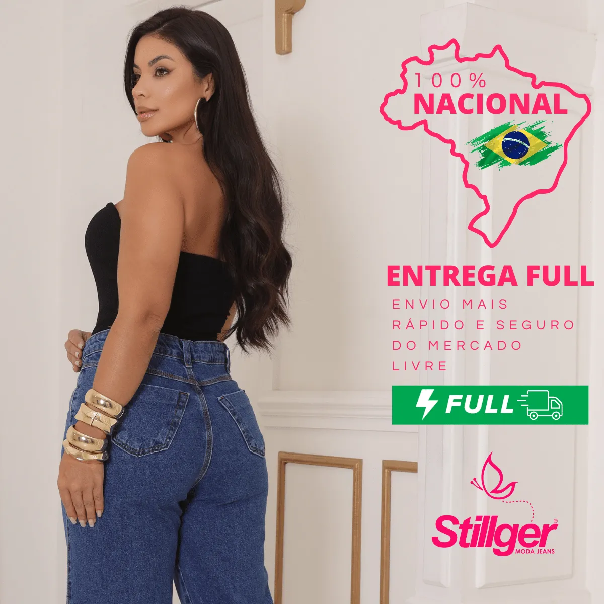 Calça Jeans Wide Leg Feminina Cintura Alta Sem Lycra Stillge