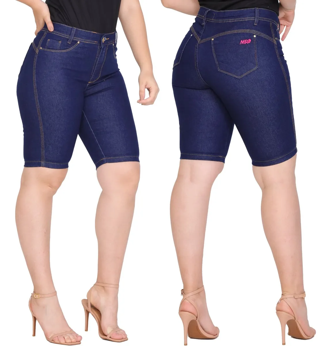 Kit 3 Bermudas Jeans Feminino Cintura Alta Lycra