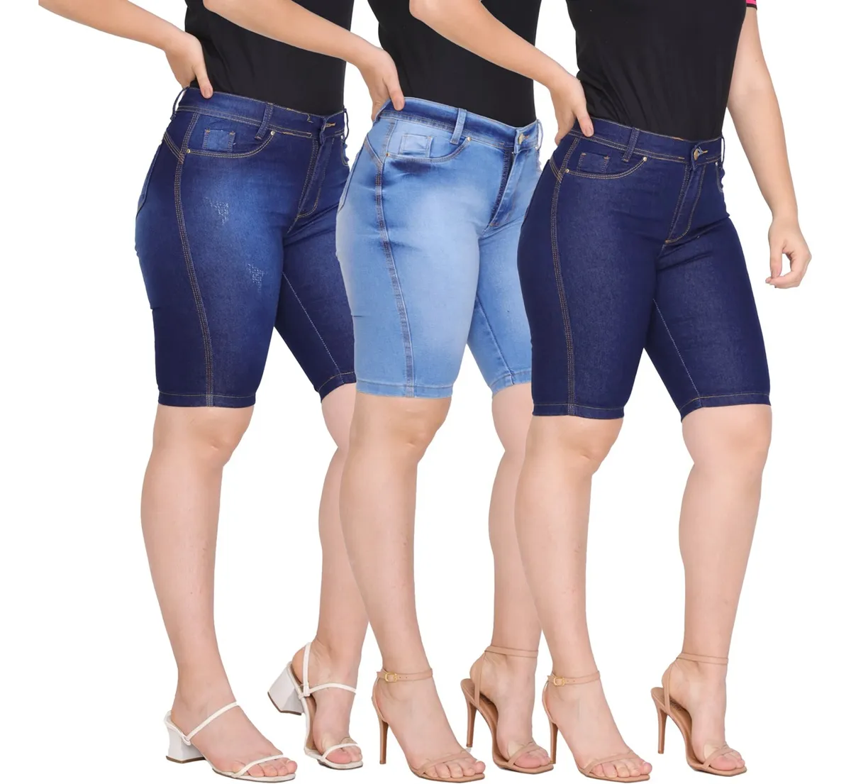 Kit 3 Bermudas Jeans Feminino Cintura Alta Lycra